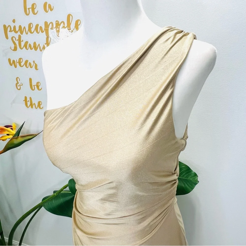DELFI COLLECTIVE Solie Dress Pleated One Shoulder Champagne Gold Size XS - Picture 4 of 16